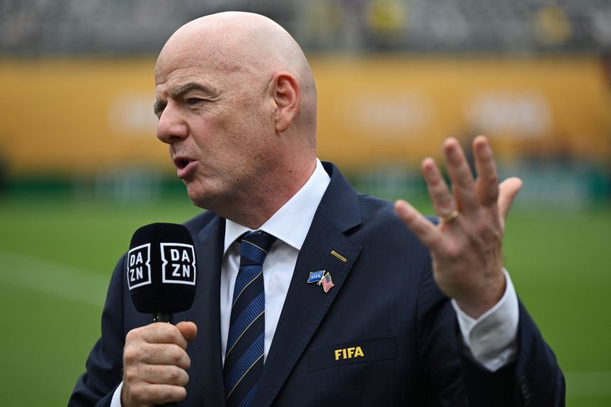 FIFA President Gianni Infantino speaks during the DAZN pre-match interview ahead of the Club World Cup soccer match between Chelsea FC and Paris Saint-Germain at Metlife Stadium.