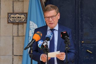 German Foreign Minister Johann Wadephul makes a statement after his talks at the United Nations for the Middle East peace process.