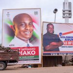 Akwatia by election billboards for NPP's Solomon Kwame Asumadu and NDC's Bernard Bediako Baidoo.
