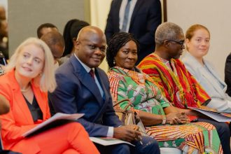 From left to right: Swiss Ambassador to Ghana, Simone Giger, Local Government Minister, Mr. Ahmed Ibrahim, Vice President, Prof. Jane Naana Opoku Agyemang and IMCC Executive Secretary, Dr. Gameli Hoedofia.