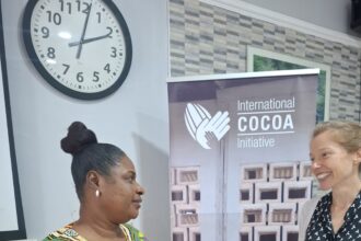 Rebecca Ekpe, Journalist in print engaging Katie Bird, Communications Director, International Cocoa Initiative, (ICI)