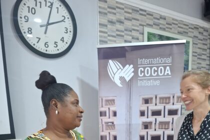 Rebecca Ekpe, Journalist in print engaging Katie Bird, Communications Director, International Cocoa Initiative, (ICI)