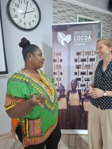 Rebecca Ekpe, Journalist in print engaging Katie Bird, Communications Director, International Cocoa Initiative, (ICI)