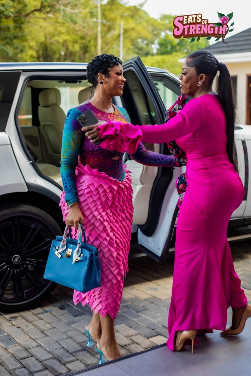 Nana Aba Anamoah (R) welcomes host Maame Guymfua Yeboah to ''Seat of Strength'', event.