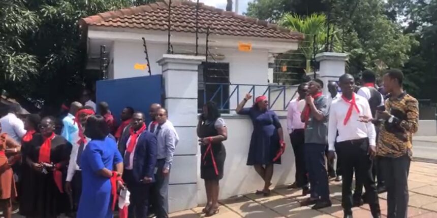 Workers of Prudential Bank protest in Accra.