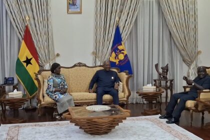 President John Mahama, flanked by Vice President Naana Jane Opoku Agyemang and Chief of Staff, Julius Debrah.