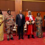 Chief Justice Baffoe Bonnie flanked by President John Mahama and Vice President Naana Opoku Agyemang among other dignitaries at the Presidency.