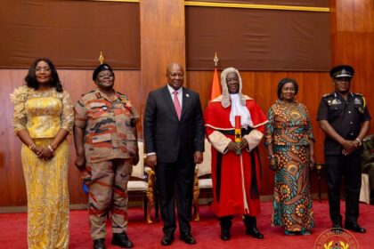 Chief Justice Baffoe Bonnie flanked by President John Mahama and Vice President Naana Opoku Agyemang among other dignitaries at the Presidency.