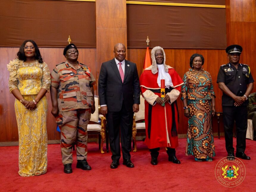 Chief Justice Baffoe Bonnie flanked by President John Mahama and Vice President Naana Opoku Agyemang among other dignitaries at the Presidency.