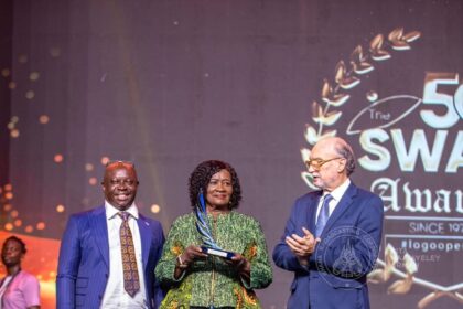 Vice President, Professor Naana Jane Opoku Agyemang with SWAG President Kwabena Yeboah (L) and AIPS President Giani Merlo (R)