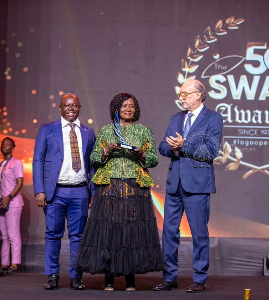 Vice President, Professor Naana Jane Opoku Agyemang with SWAG President Kwabena Yeboah (L) and AIPS President Giani Merlo (R)
