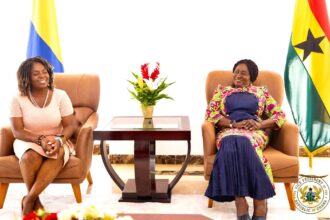Vice President Jane Naana Opoku Agyeman welcomes Columbian Vice President Francia Elena Márquez Mina to Accra