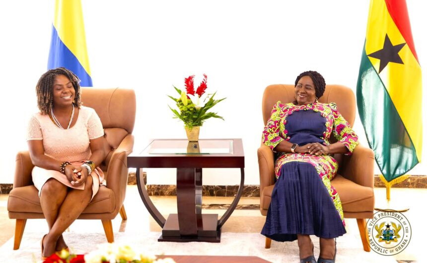Vice President Jane Naana Opoku Agyeman welcomes Columbian Vice President Francia Elena Márquez Mina to Accra