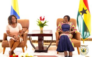 Vice President Jane Naana Opoku Agyeman welcomes Columbian Vice President Francia Elena Márquez Mina to Accra.