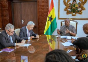 President John Mahama (M), with João Cravinho, European Union Special Representative for the Sahel (R) with delegation.