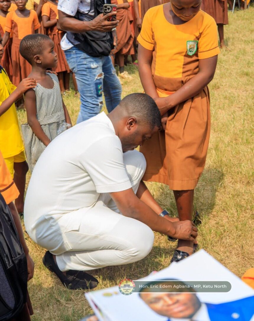 MP For Ketu North, Edem Agbana gifts pupils shoes, bags, books oh his birthday.