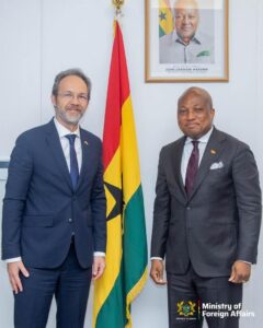 Minister of Foreign Affairs, Samuel Okudzeto Ablakwa (Right) in talks with  British High Commissioner to Ghana, H. E Christian Rogg (Left) at the Ministry of Foreign Affairs. 