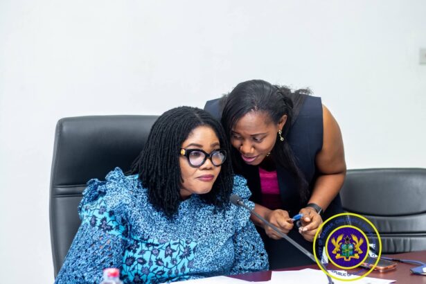 Director, Human Trafficking Secretariat, Madam Abena Annobea Asare engaging Gender Minister, Dr. Naa Momo Lartey (seated)