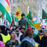 Participants march from Landwehrplatz through the city center during a demonstration organized by the Kurdish Social Center Saar (KGZ) to express solidarity with the Kurds in the Kurdish regions of Iran and northern Syria. Photo: Laszlo Pinter/dpa