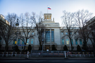 A general view outside the Embassy of the Russian Federation in Berlin. Photo: Christoph Soeder/dpa
