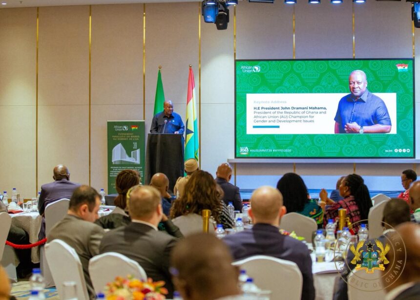 President Mahama addressing High-Level Breakfast on Financing and Reaffirming Africa’s Gender Commitments at 39th AU Assembly.