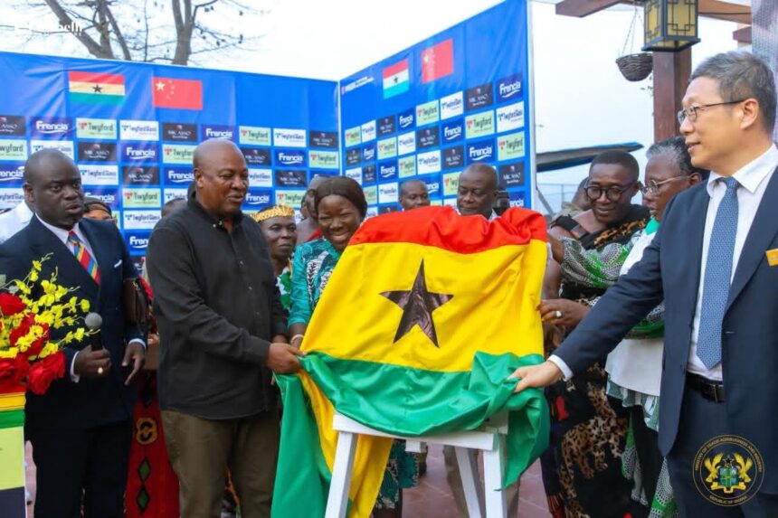 President Mahama with Trade Minister Ofosu Agyare at Glass Factory inauguration in Shama, Western Region.