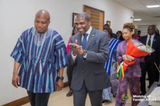 Prime Minister of Federation of Saint Kitts and Nevis, Dr. Terrance Michael Drew with Foreign Affairs Minister, Okudzeto Ablakwa.
