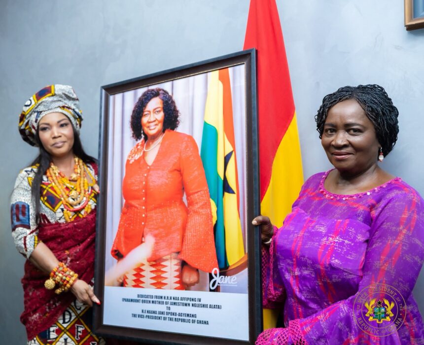 Paramount Queen Mother of Jamestown (Ngleshie Alata), Her Majesty Naa Afipong IV visits Vice President Jane Naana Opoku Agyemang.