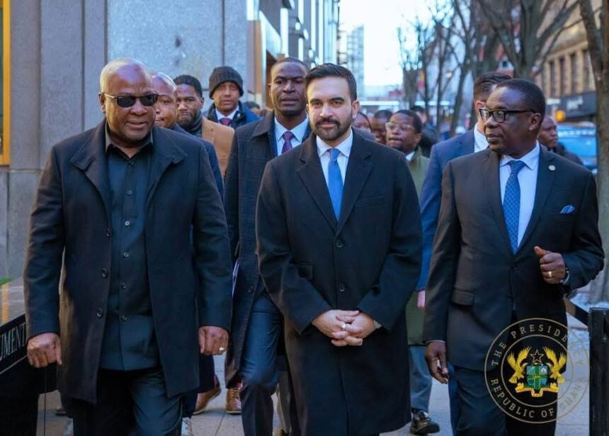 From Left-President John Mahama with New York City Mayor , Zohran Mandani and Ghana's Deputy Foreign Affairs Minister, James Gyakye Quyason in New York .