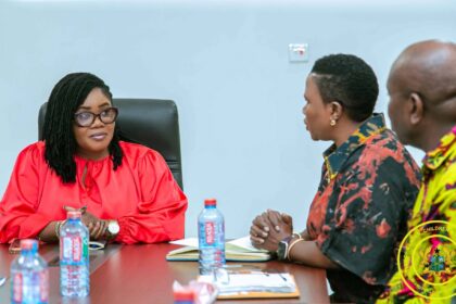 World Vision Ghana, led by its National Director, Tinah Mukunda,(Second Right) meets Gender Minister, Dr . Agnes Naa Momo Lartey (in red)