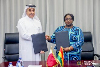 Chief Director, Ministry of Foreign Affairs, Ambassador Khadija Iddrisu and the Ambassador of the State of Qatar to Ghana, His Excellency Khalid Bin Jabor Saif Jasser Al-Mesallam.