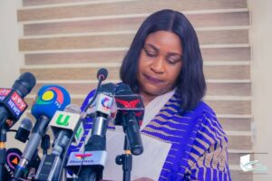 Rebecca Ekpe prepares for press conference