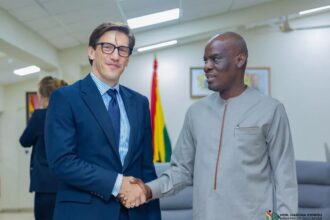 Minister for Education, Haruna Iddrisu (R) Ambassador Frederik Landshöft and the Deputy Ambassador, Sivine Jansen(L)