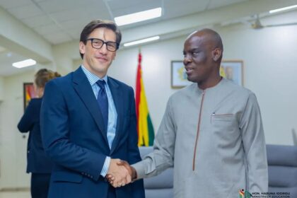Minister for Education, Haruna Iddrisu (R) Ambassador Frederik Landshöft and the Deputy Ambassador, Sivine Jansen(L)