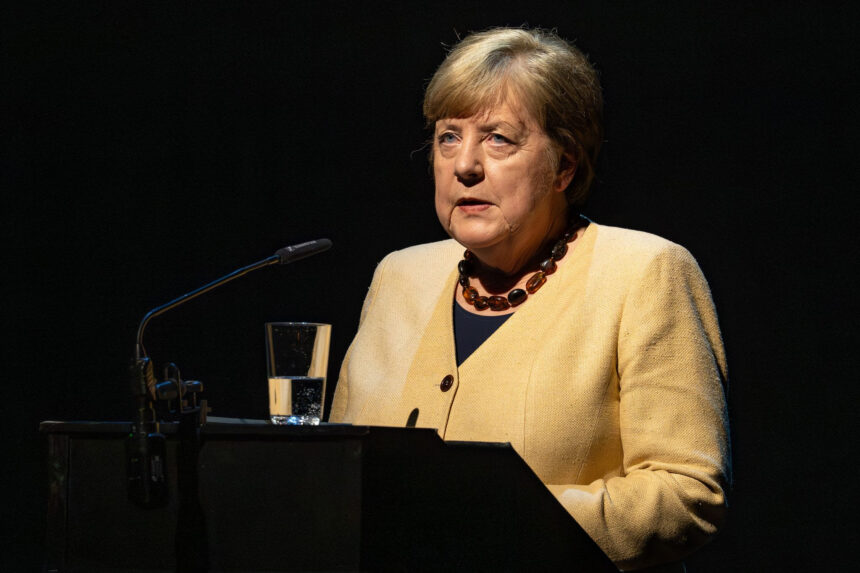 Former German Chancellor Angela Merkel speaks at the Berliner Ensemble (BE) during the presentation of the book "Auf den Strassen Teherans" (On the Streets of Tehran) Written by an Iranian author using the pseudonym NILA-who must remain anonymous for security reasons. Photo: Soeren Stache/dpa