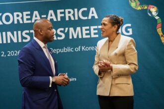 H.E. Wamkele Mene, Secretary-General, AfCFTA Secretariat, meet with H.E. Corinne Amori Brunet, Minister of Foreign Affairs, Republic of Benin, at Ministers Meeting.
