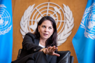Annalena Baerbock, President of the United Nations General Assembly and former German Foreign Minister, is photographed in her office at the United Nations during an interview with the German Press Agency (dpa).