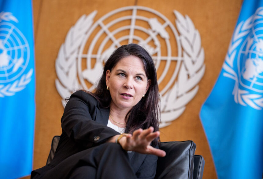 Annalena Baerbock, President of the United Nations General Assembly and former German Foreign Minister, is photographed in her office at the United Nations during an interview with the German Press Agency (dpa).