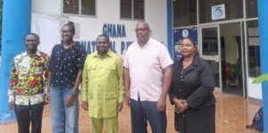 (R-L) Rebecca Ekpe, GJA Vice President, Mr. Walcott, Father to Researcher, Albert Dumfour, GJA President & Dominic Hlodzi, General Secretary.