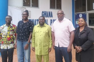 (R-L) Rebecca Ekpe, GJA Vice President, Mr. Walcott, Father to Researcher, Albert Dumfour, GJA President & Dominic Hlodzi, General Secretary.