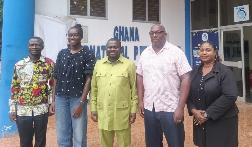 (R-L) Rebecca Ekpe, GJA Vice President, Mr. Walcott, Father to Researcher, Albert Dumfour, GJA President & Dominic Hlodzi, General Secretary.