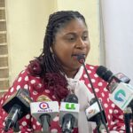 Rebecca Ekpe, Vice President, Ghana Journalists Association, GJA, moderating the press conference in Accra.