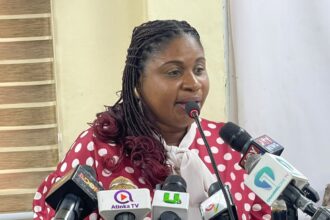 Rebecca Ekpe, Vice President, Ghana Journalists Association, GJA, moderating the press conference in Accra.