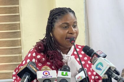Rebecca Ekpe, Vice President, Ghana Journalists Association, GJA, moderating the press conference in Accra.