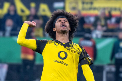 Borussia Dortmund's Karim Adeyemi reacts during the German DFB Cup soccer match between Borussia Dortmund and Bayer Leverkusen at the Signal Iduna Park. Photo: David Inderlied/dpa