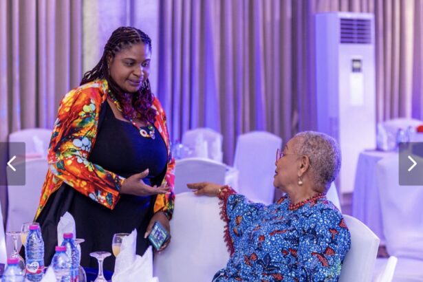 Vice President, Ghana Journalists Association (GJA), Rebecca Ekpe engaging Former Chamber of Mines CEO, Dr. Joyce Aryee.