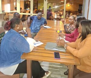 GJA Vice President, Rebecca Ekpe engages with CJID Chief Executive Officer Dapo Olorunyomi and his team, in Accra.