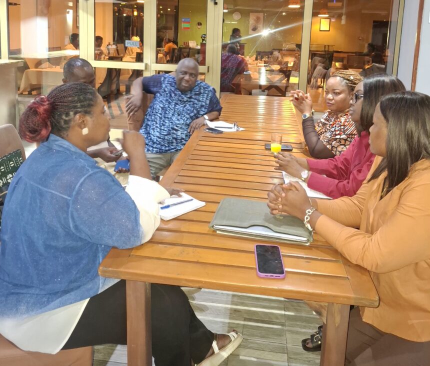 GJA Vice President, Rebecca Ekpe engages with CJID Chief Executive Officer Dapo Olorunyomi and his team, in Accra.
