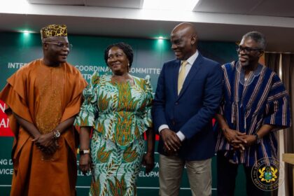 Professor Nana Jane Opoku Agyemang-Vice President of Ghana in green print with (from left), Minister of Local Government, Ahmed Ibrahim, Education Minister, Haruna Iddrisu and Executive Secretary, IMMCoD, Gameli Hoedofia (PhD), at the 2nd National Dialogue on Decentralization in Accra.