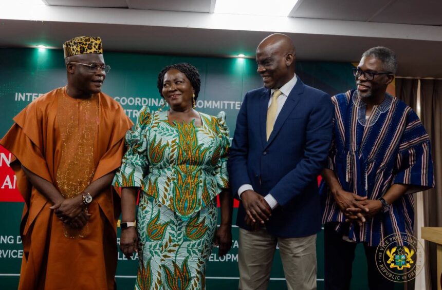 Professor Nana Jane Opoku Agyemang-Vice President of Ghana in green print with (from left), Minister of Local Government, Ahmed Ibrahim, Education Minister, Haruna Iddrisu and Executive Secretary, IMMCoD, Gameli Hoedofia (PhD), at the 2nd National Dialogue on Decentralization in Accra.